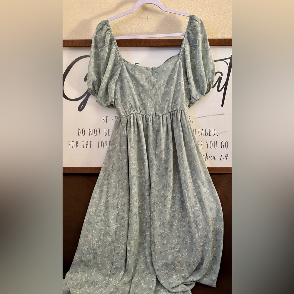 Pink & Flare Sage Green Floral Puff Sleeve Babydoll Midi Dress Cottagecore M - Picture 5 of 6